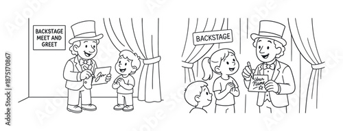 Cartoon line art of performers meeting fans with autographs backstage