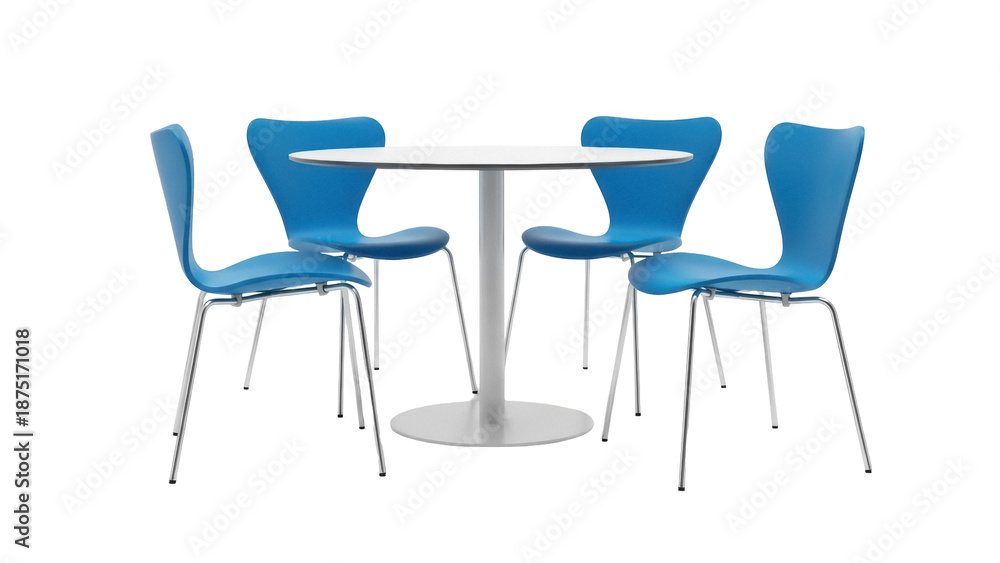 Fototapeta premium Modern round table with four blue chairs isolated PNG, contemporary furniture set for office or dining room on transparent background