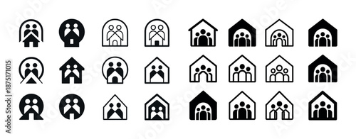 Set of minimalist black and white family icons including various house designs