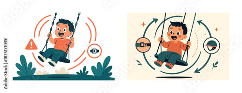 Safety tips for young caucasian male child on a swing with helmet and seatbelt icons