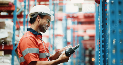 Konstfotografi Tablet, cargo and scanner with man in warehouse for delivery procurement, inventory management in logistics