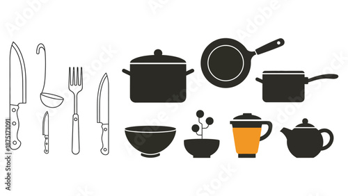A collection of kitchen utensils and cookware on a white background