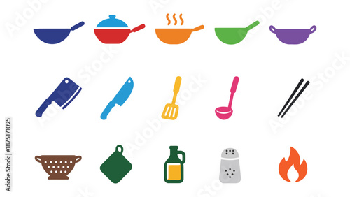 A colorful illustration of various kitchen utensils and cooking tools