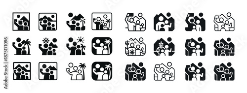Icon set of family travel themes: silhouettes of outdoor activities and adventures