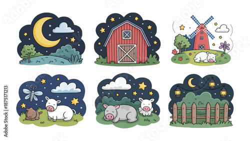 Cartoon Countryside Scenes: Six delightful illustrations depict scenes of rural life, showcasing a vibrant farmhouse, windmill, and charming animal figures.