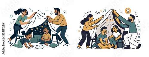 Family bonding activity with indoor blanket fort creation