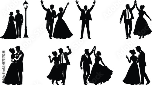 Elegant dancing couples silhouette set, ballroom dance poses, romantic wedding celebration, vintage style, black vector illustration collection, timeless classic art