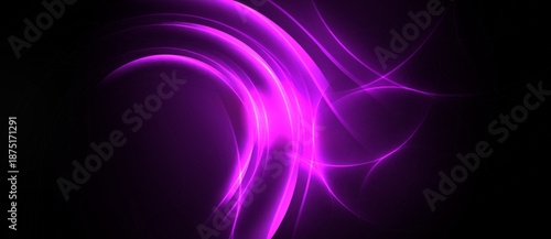 Abstract purple lines swirl against dark background. Bright energy radiates, creating dynamic visual effect. Smooth curves dominate composition.