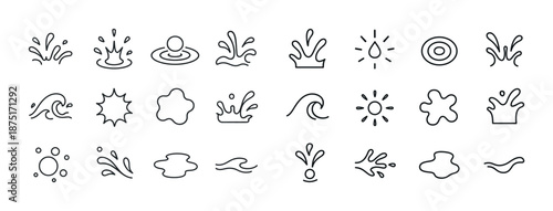 Set of minimalist liquid splash and wave icons in black and white