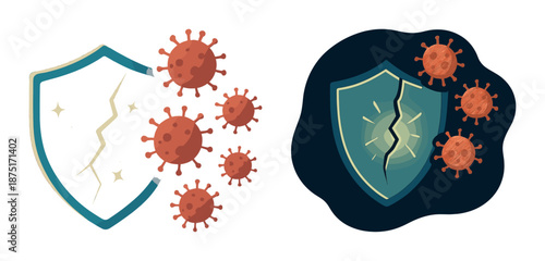 Immune system represented by shield damaged by virus cells