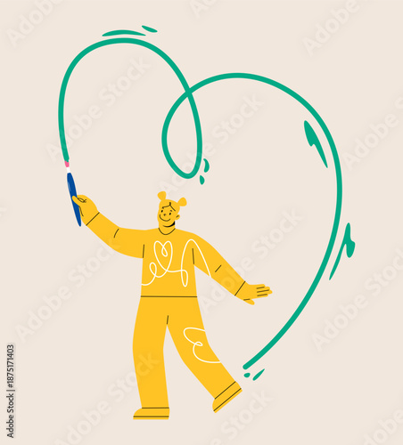 Woman drawing hearts around his. Creative self-care concept. Colorful vector illustration