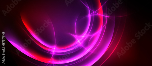 Abstract vibrant swirls, luminous curves, dynamic energy. Red, purple hues blend, creating captivating visual effect. Smooth gradients dominate composition.