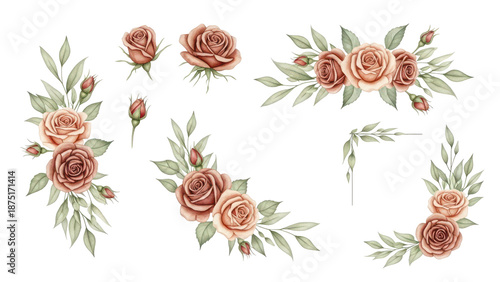 Set of watercolor floral arrangements of brown and peach roses and leaves. Botanic decoration illustration for wedding card, fabric, and logo composition