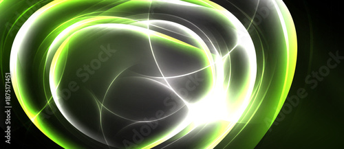 Abstract luminous swirls, vibrant green hues dominate. Bright center radiates energy, dark background enhances contrast. Smooth gradients create depth.