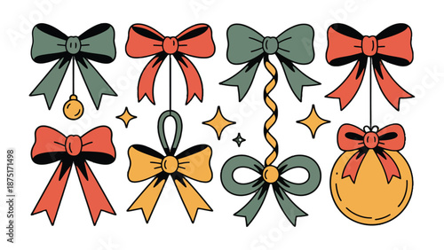 Festive Ornament Bows: A charming collection of colorful ornament bows, each with unique designs, exuding a playful vibe, ready to add a touch of cheer to the holiday season.