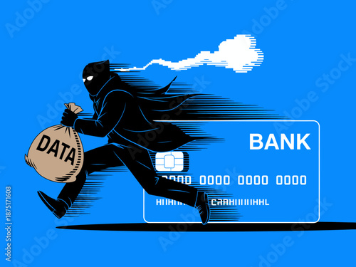 An illustration of a masked figure running away with a bag labeled 'data' suggests themes of theft, cybersecurity risks, and the importance of data protection in today's world.