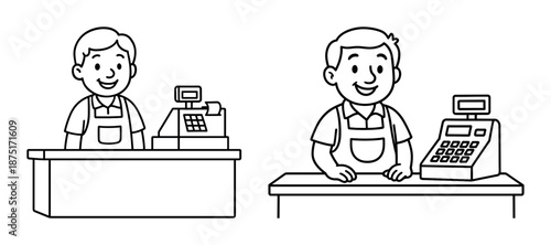 Cartoon male cashier at checkout counter illustration