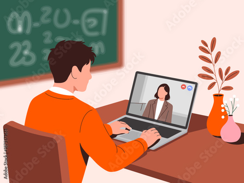 An online learning scene depicts a student engaging with a tutor via video call, representing the modern education landscape shaped by technology and virtual communication.