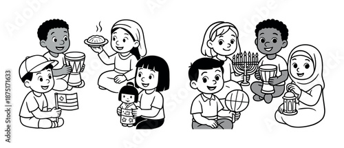 Diverse children celebrating holidays with traditional symbols and food