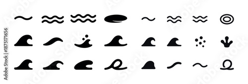 Variety of wave icons in black silhouettes on white background