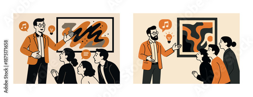 Group of adults engaging with male presenter in art discussion