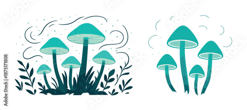 Whimsical blue mushrooms amidst stylized foliage on white background