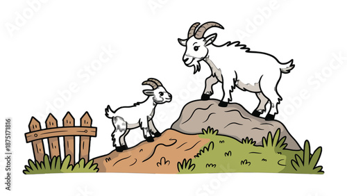 Mother Goat and Baby Goat: A heart-warming cartoon depiction of a mother goat and her kid, set amidst a simple fence. The setting illustrates the gentle nature of the animal and its familial ties.