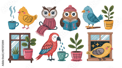 Whimsical Avian Ensemble: An enchanting illustration presents a delightful collection of charming birds and adorable owls, each enjoying cozy moments with tea cups, books, and potted plants.