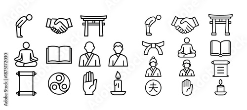 Japanese cultural icons: meditation, calligraphy, traditions, bowing, hand gestures
