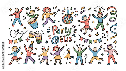 Fun Festive Party: A lively illustrated party scene bursting with energy, featuring dancing figures, festive decorations, and musical elements, captures the joy and excitement of a celebration.