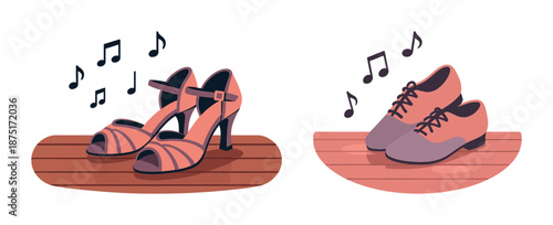 Jazz music-inspired dance shoes: high heels and tap shoes with musical notes