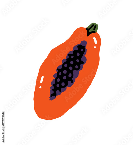 Icon of tasty ripe papaya. Half of fresh pawpaw. Tropical fruit in cross section. Exotic food with pulp and seeds. Piece of sweet eating. Flat isolated vector illustration on white background