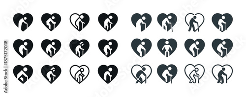 Symbolic heart and elderly care stick figures icons set