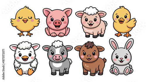Cute Cartoon Farm Animal Characters: Adorable cartoon depictions of various farm animals arranged in a playful and engaging composition, exuding charm and friendliness.