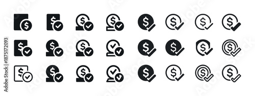 Set of money and check mark icons in various styles and designs