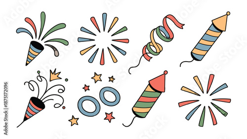 Fireworks and Festive Elements: A vibrant illustration showcasing various celebratory elements, including fireworks, confetti, and rockets.