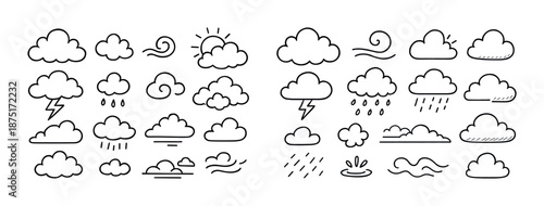 Weather icons: diverse cloud and rain sketch collection
