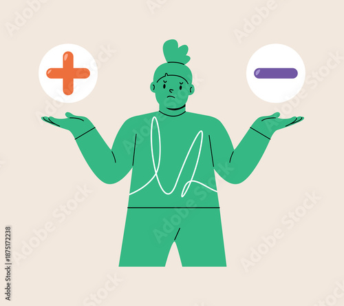 Puzzled girl having a dilemma deciding about advantages and disadvantages. Colorful vector illustration