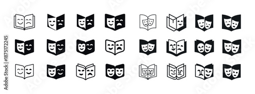 Set of theatrical mask icons representing comedy and tragedy