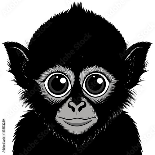 A black and white illustration of a monkey s face