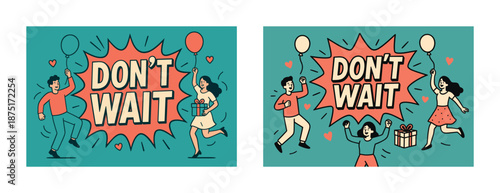 Happy cartoon characters with balloons celebrating with joyful expressions