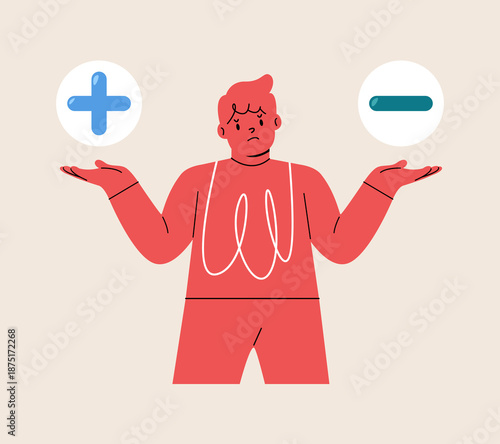 Puzzled boy having a dilemma deciding about advantages and disadvantages. Colorful vector illustration