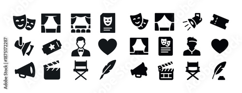 Theater icon set featuring masks, stages, tickets, directors, and megaphones
