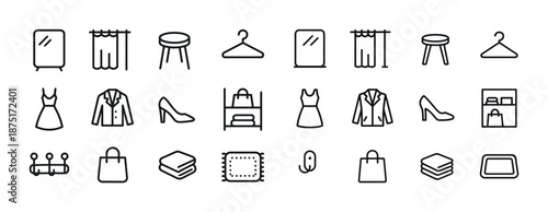 Minimalist clothing icons: mirror, hanger, wardrobe, dress, shoes, shelf