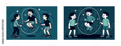 Kids jumping rope in playful outdoor activity