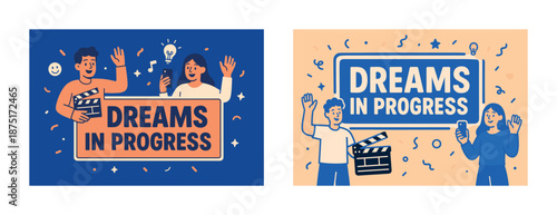 Young diverse adults creating content with clapperboard and lightbulb ideas