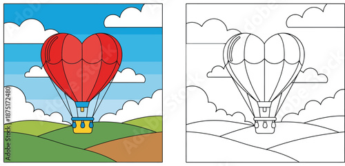 Heart shaped hot air balloon flying over landscape. Vector illustration with black and white coloring book page outline.