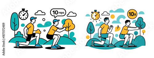 Male exercise routine illustrations: lunge and squat workouts with nature backgrounds