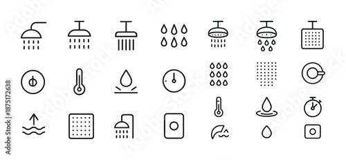 Shower icons set: water, temperature, time, droplets, line art