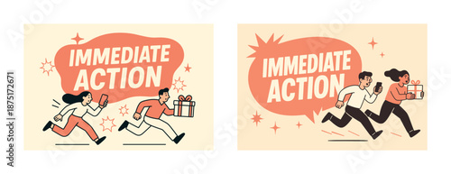 Cartoon characters rushing with gifts and phones in immediate action scene